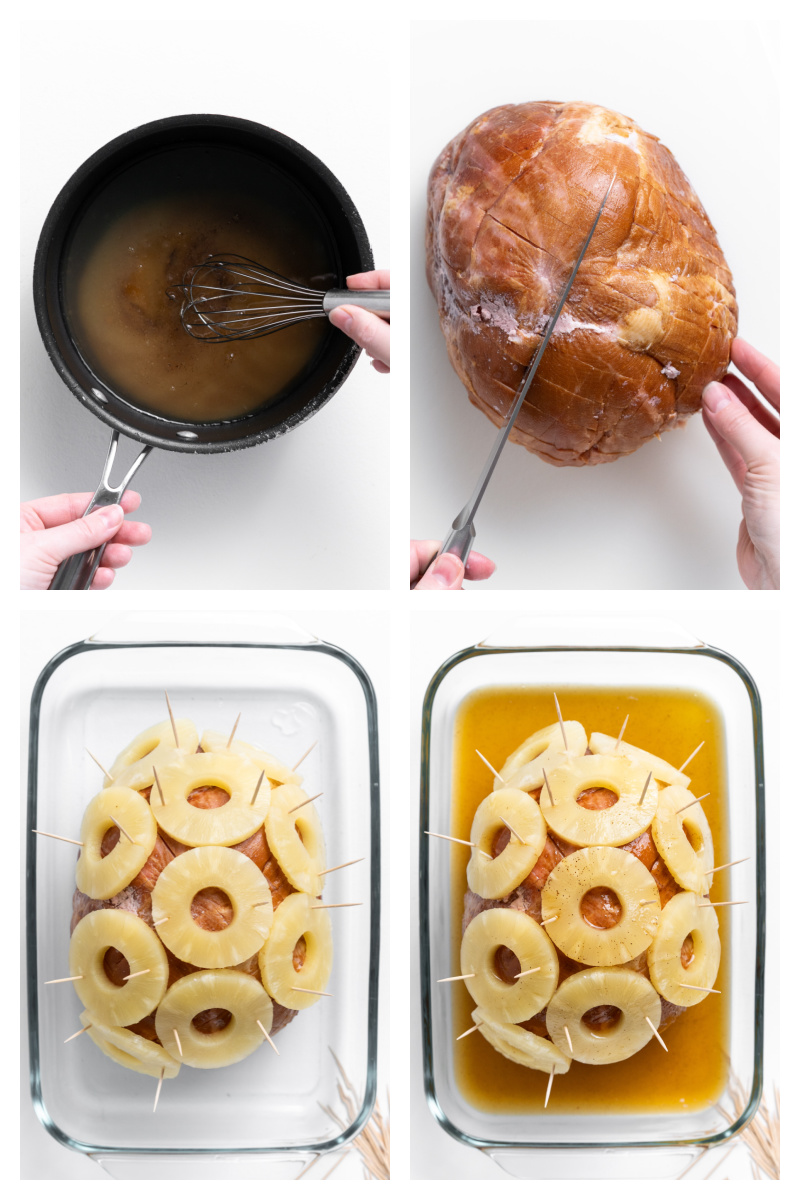 four photos showing how to make baked ham with pineapple