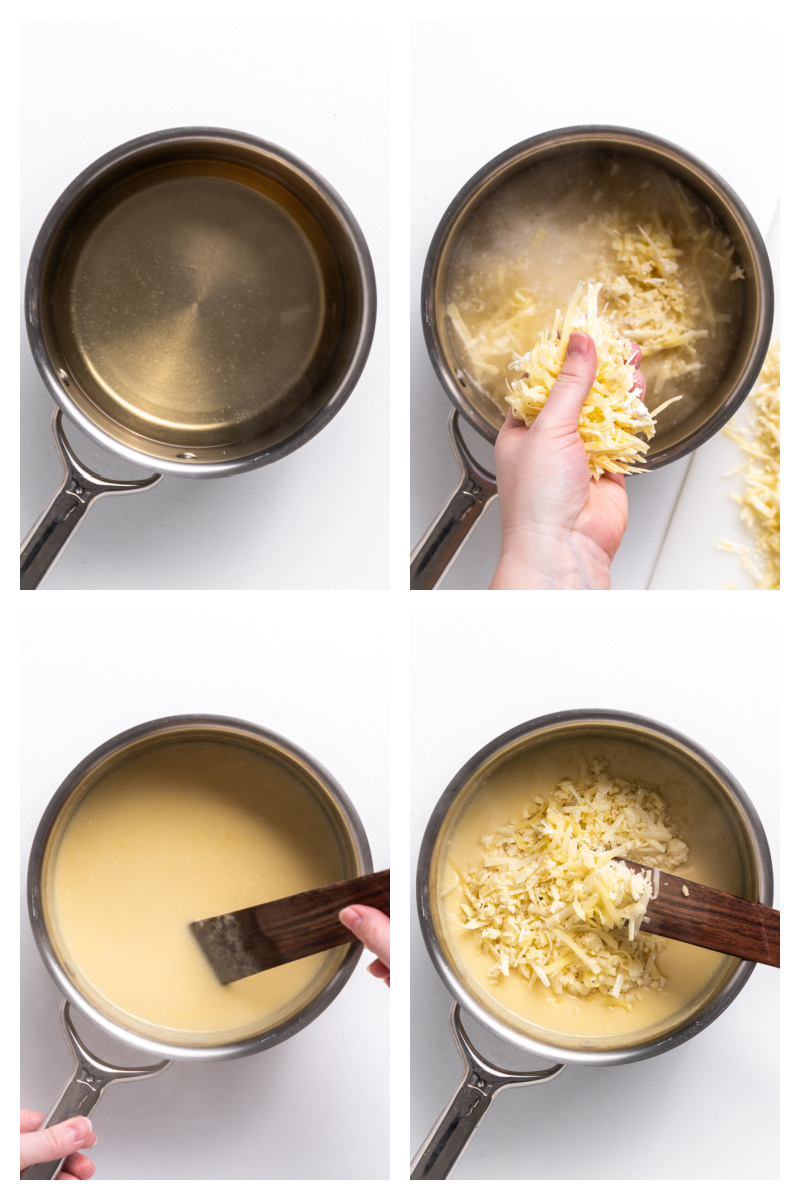 four photos showing how to make cheese fondue in saucepan