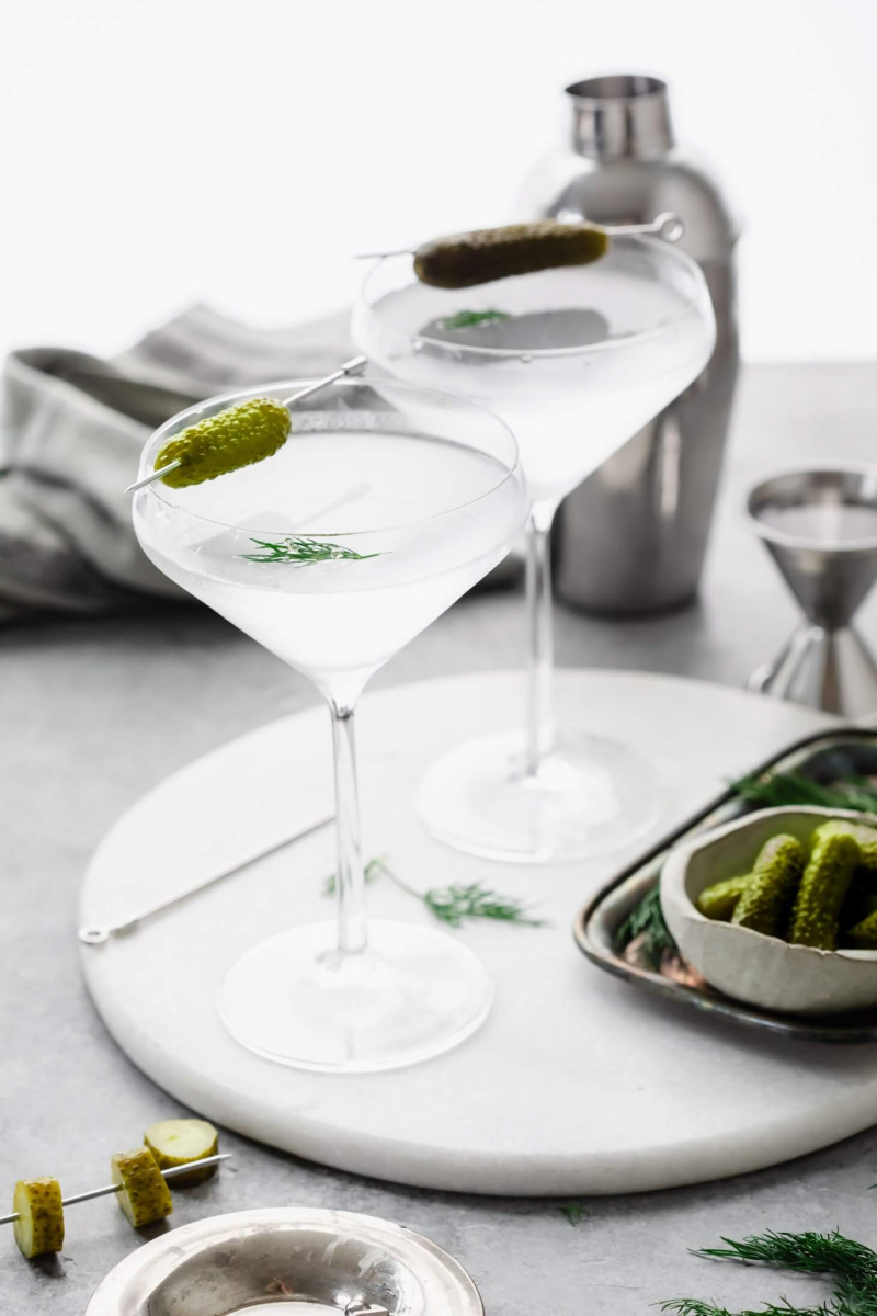 two dill pickle vodka martinis
