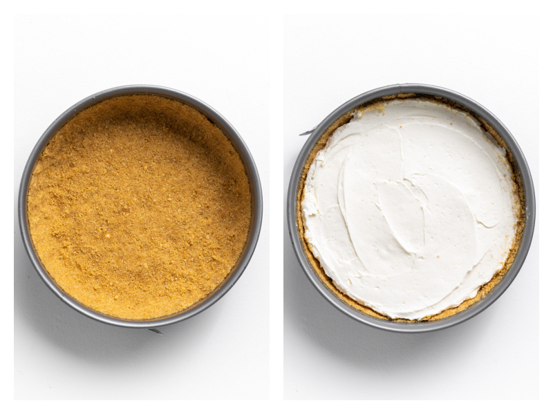 two photos showing graham cracker crust and then cheesecake baked inside of it