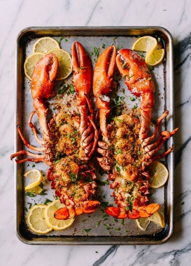 Baked Stuffed Lobster with Shrimp on baking sheet