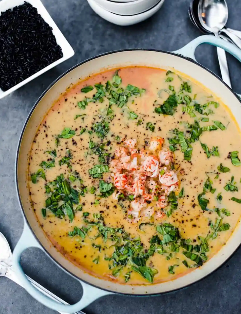 butternut squash coconut lobster soup in pot