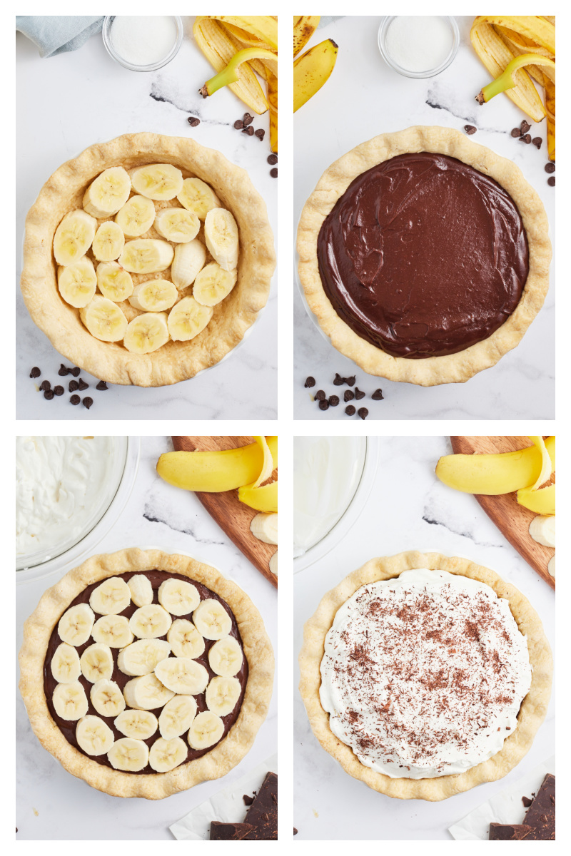 four photos showing assembly of chocolate banana custard pie