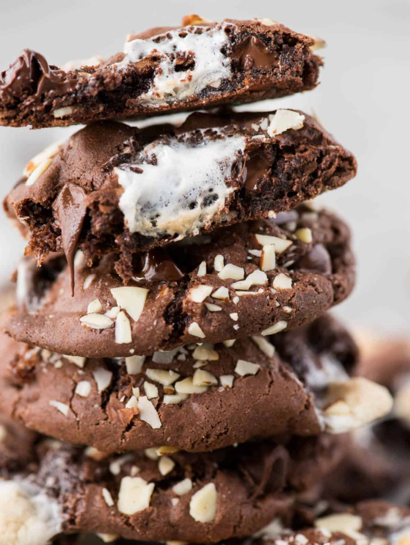 chocolate rocky road cookies stacked