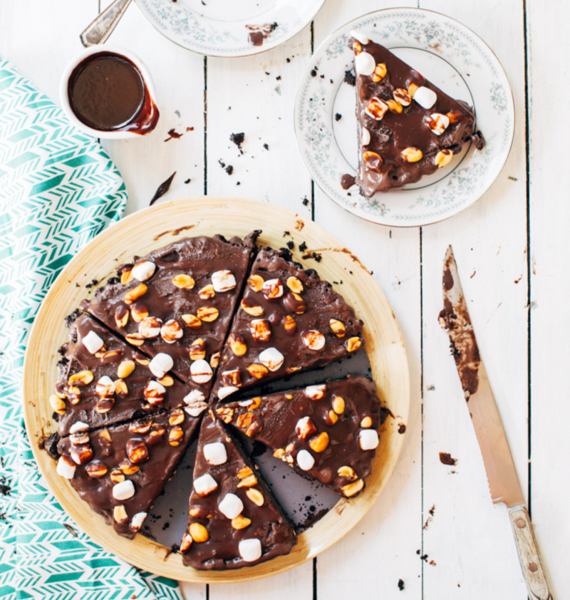 chocolate rocky road ice cream cake cut into slices