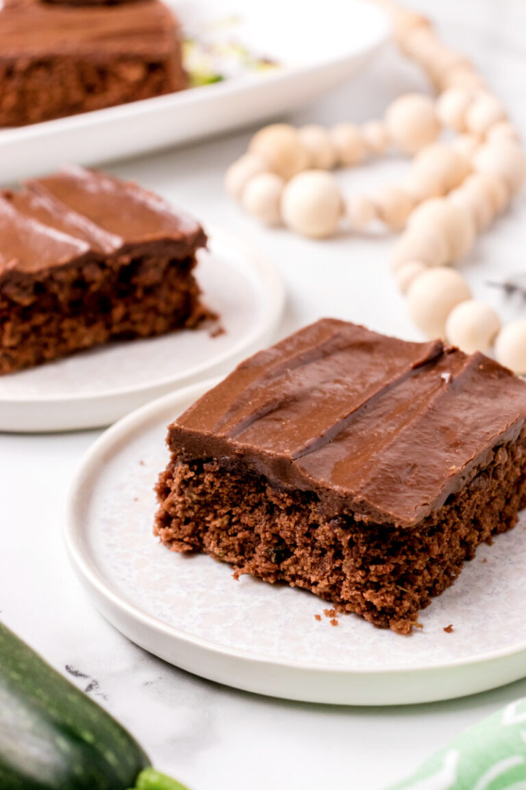 slice of chocolate zucchini cake on a plate