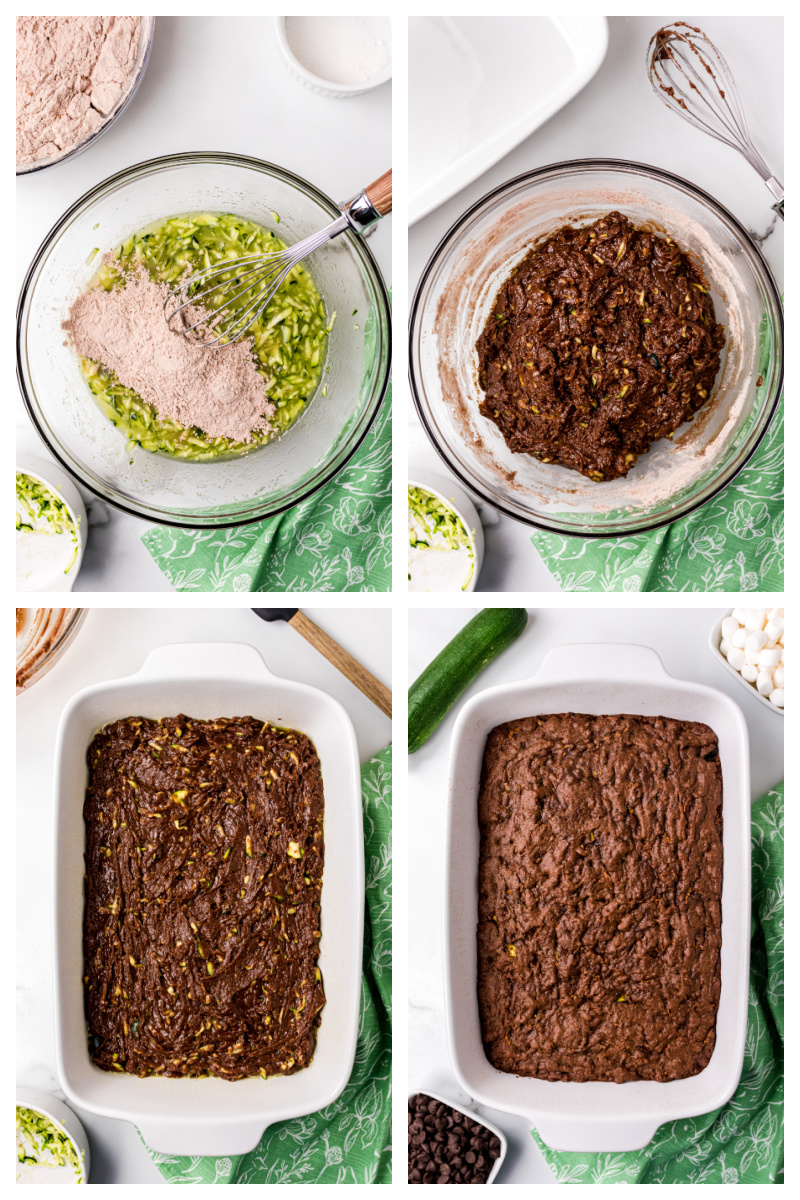 four photos showing how to make chocolate zucchini cake