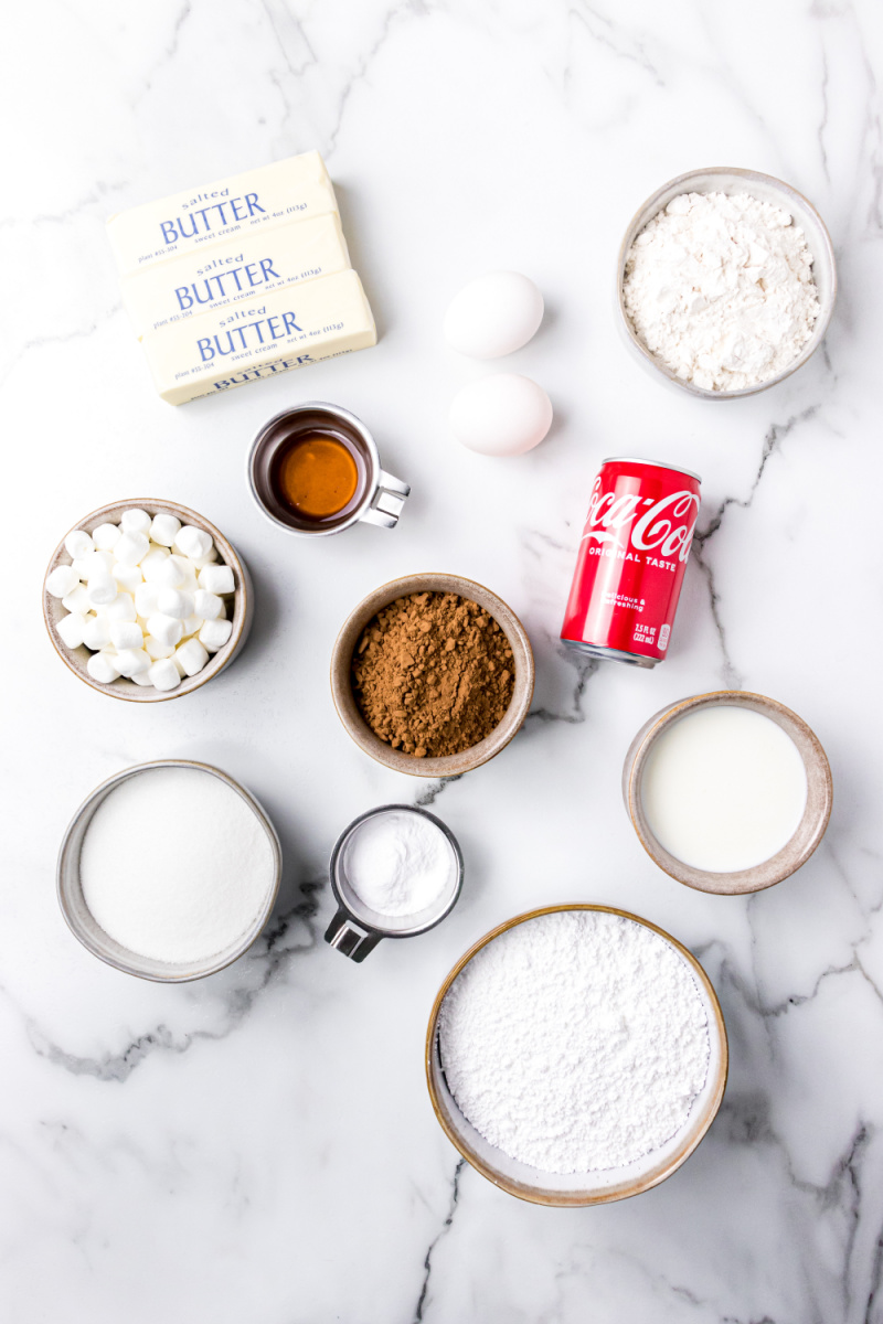ingredients displayed for making a coca cola cake