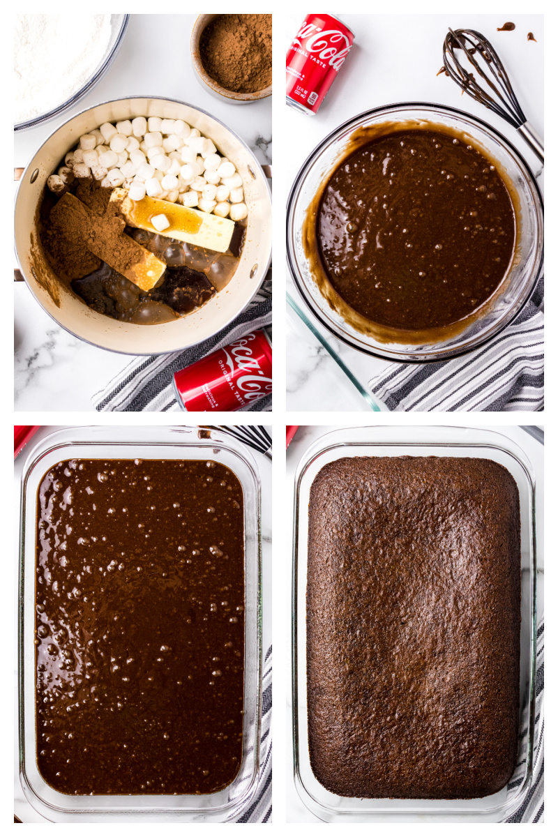 four photos showing how to make a coca cola cake