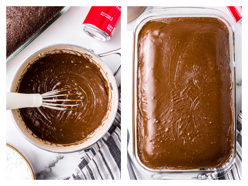 two photos showing icing in bowl and then drizzled onto chocolate cake