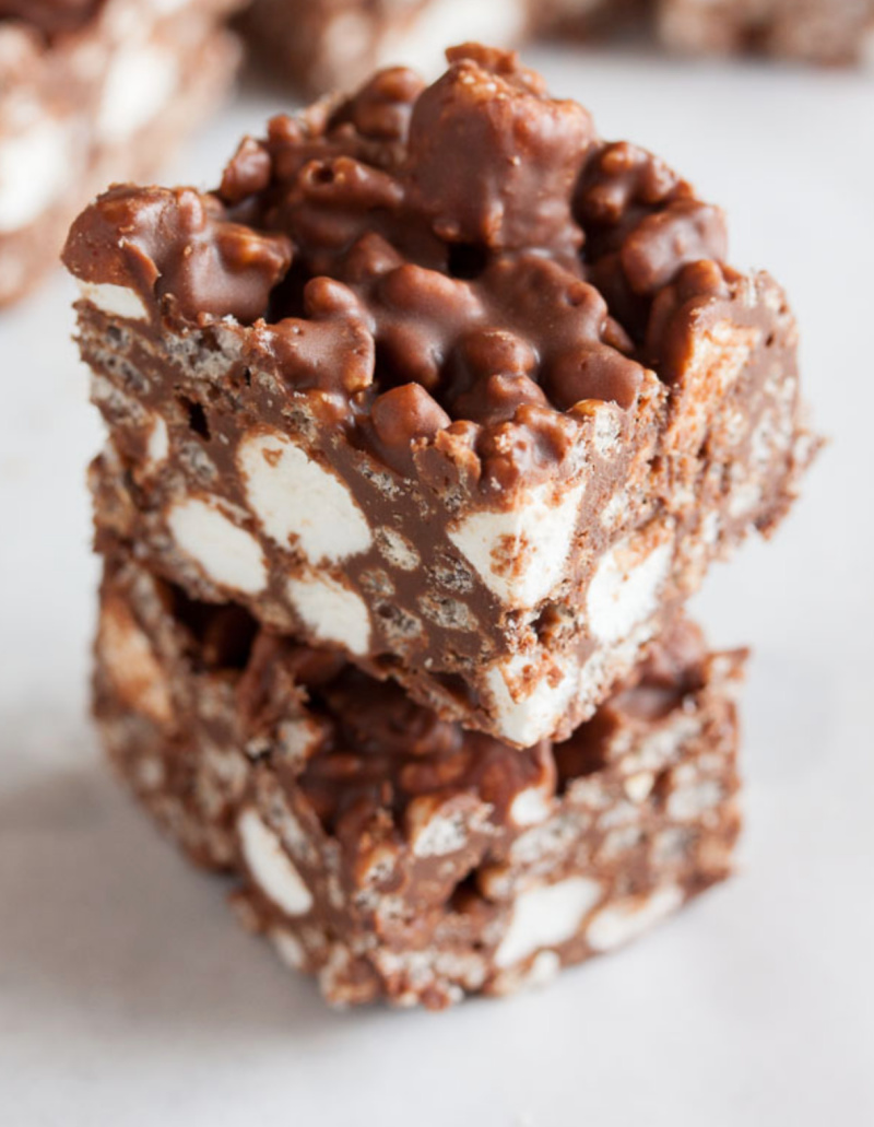 two crispy rocky road bars stacked