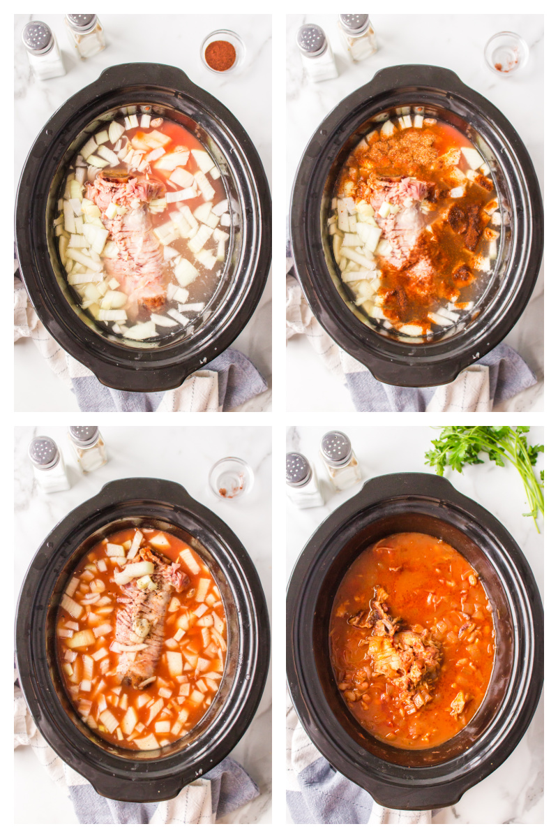 four photos showing how to make dude ranch beans in the slow cooker