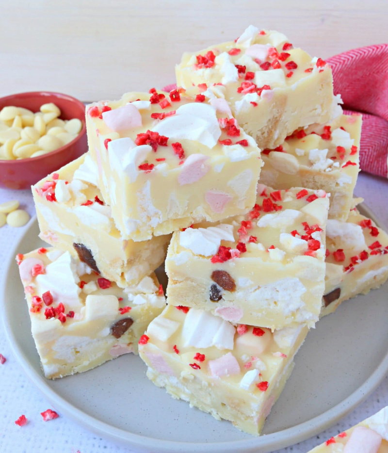 eton mess rocky road pieces on white plate