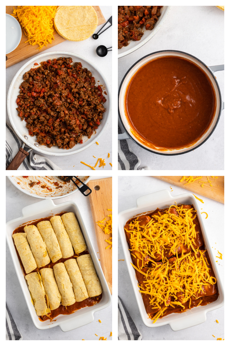 four photos showing assembly of ground beef and cheese enchiladas