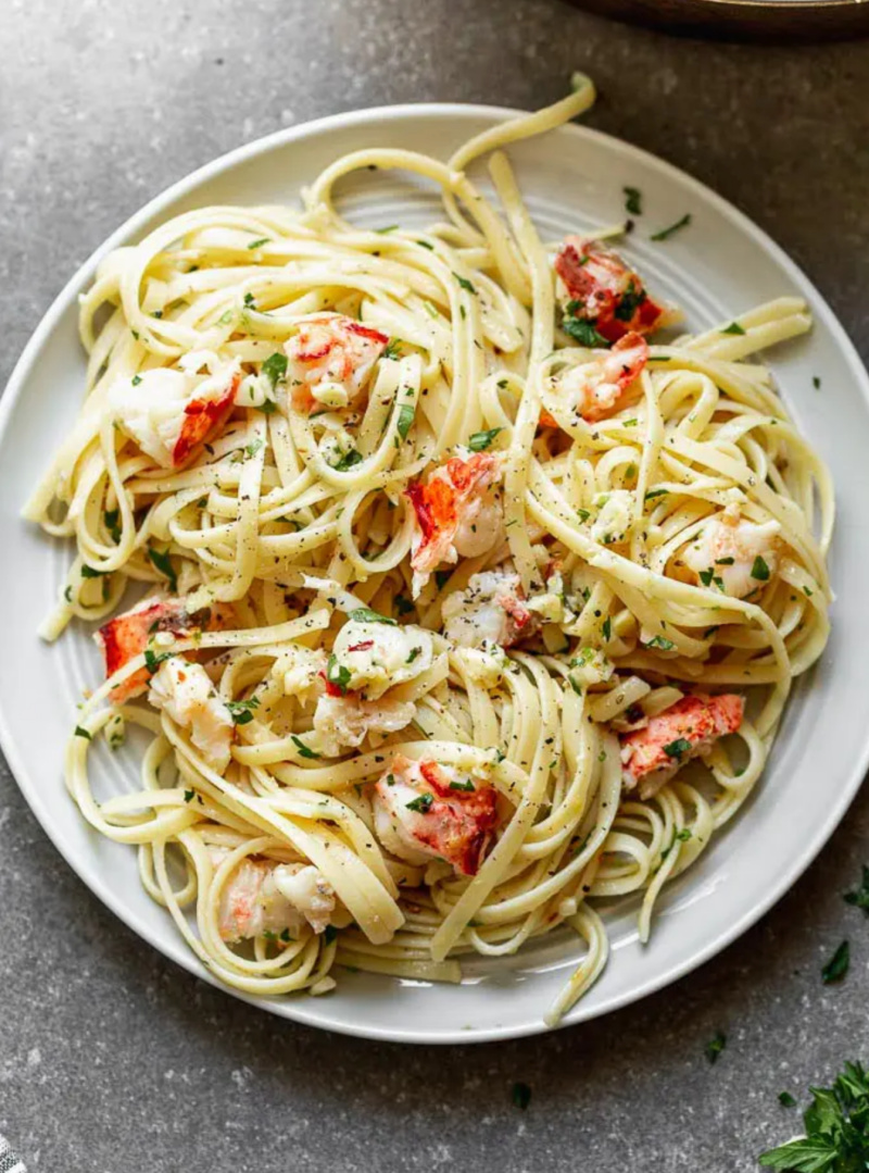 lobster scampi pasta on a plate