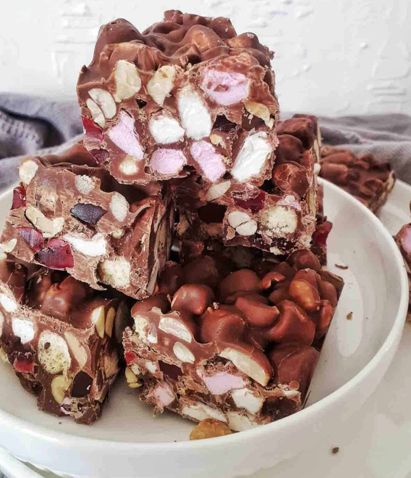 pieces of malteser rocky road on a white plate