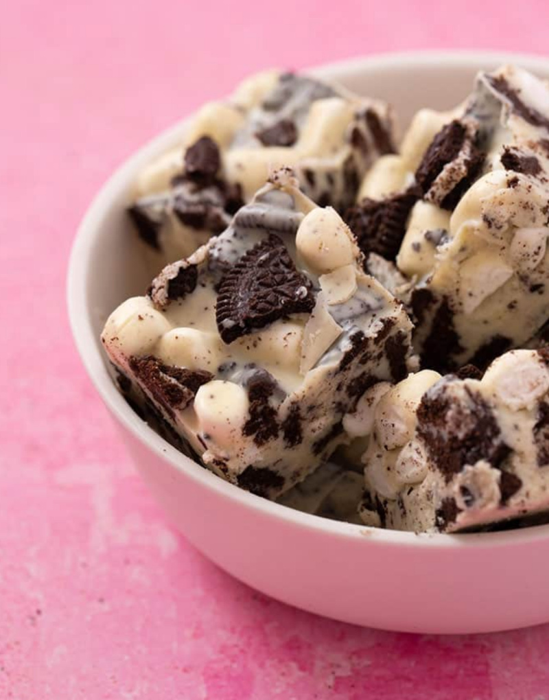 oreo cookies and cream rocky road in a bowl