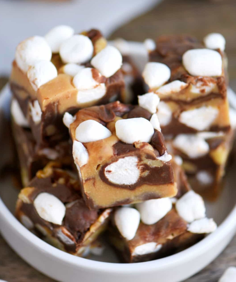 peanut butter rocky road fudge in a white bowl