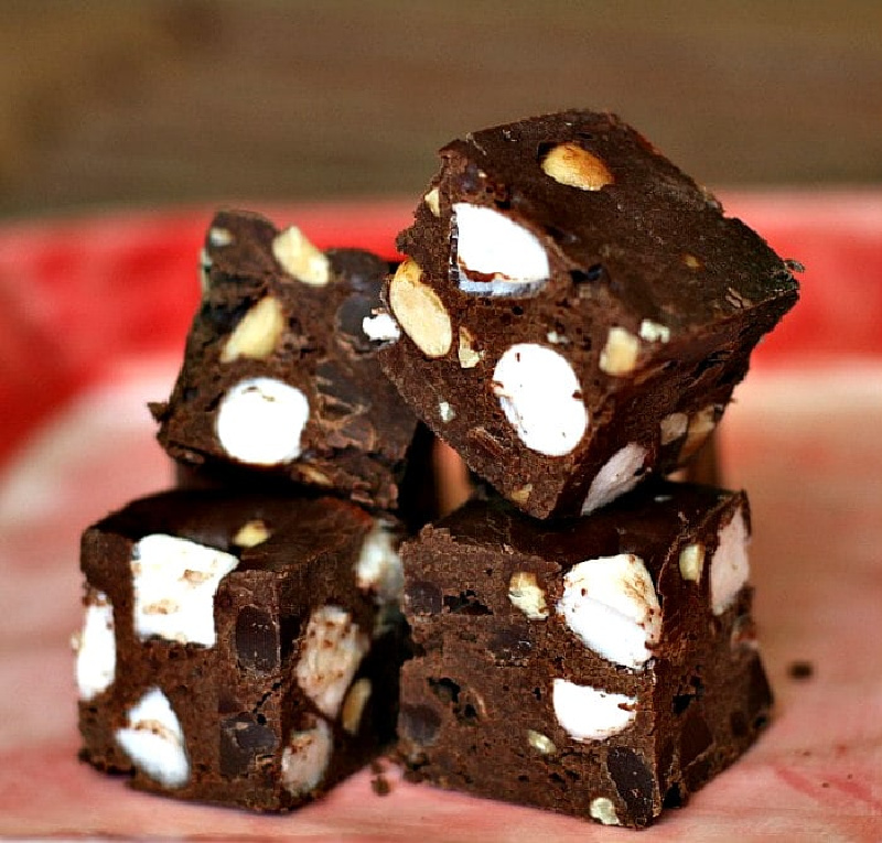 pieces stacked rocky road fudge