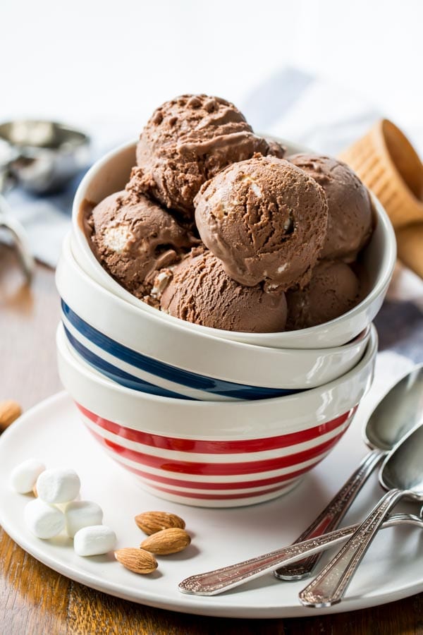 scoops of rocky road ice cream in a bowl