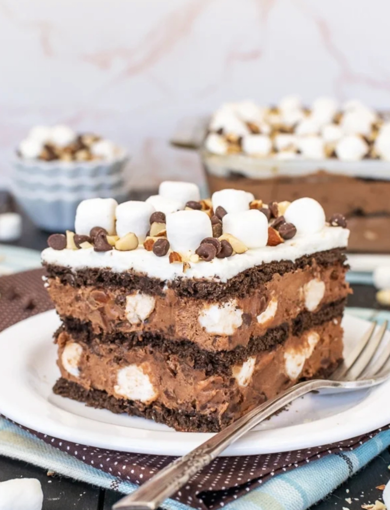 slice of rocky road icebox cake on plate