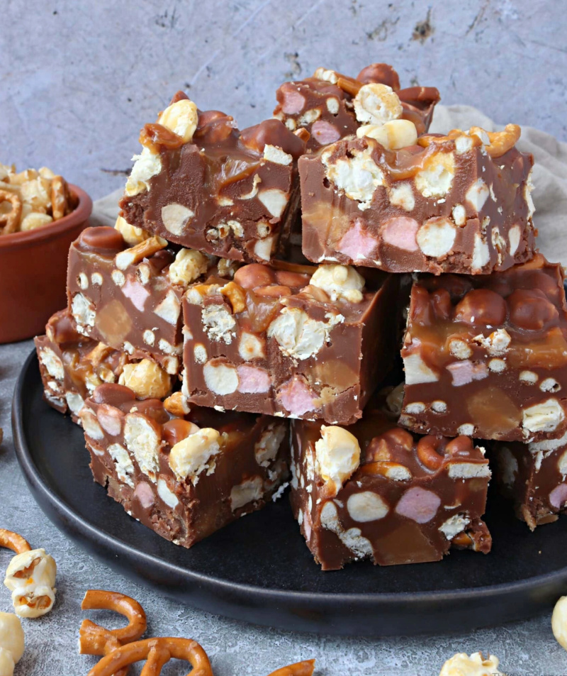 salted caramel rocky road on a platter