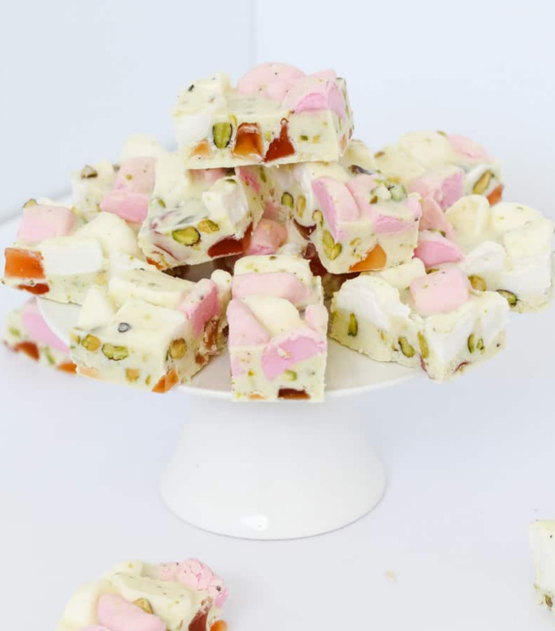 white chocolate rocky road on a cake platter