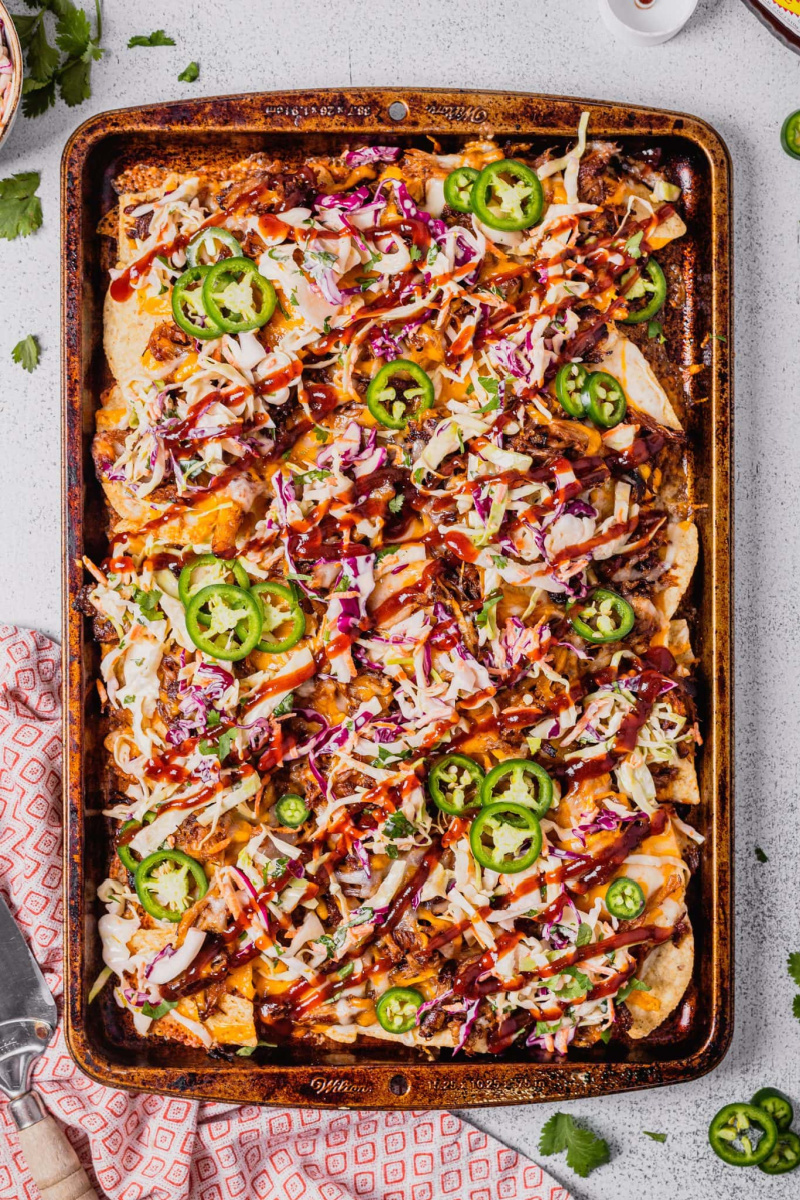 pan of BBQ pulled pork nachos