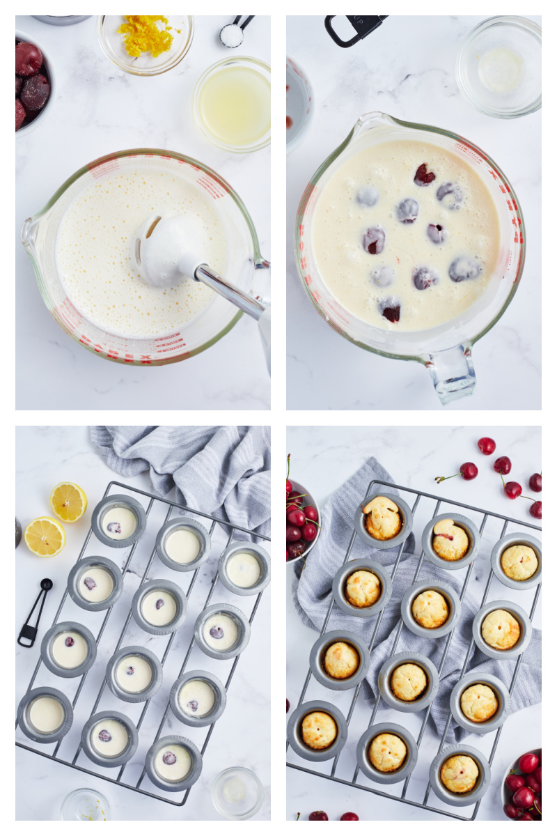 four photos showing how to make cherry popover batter and in pan and baked