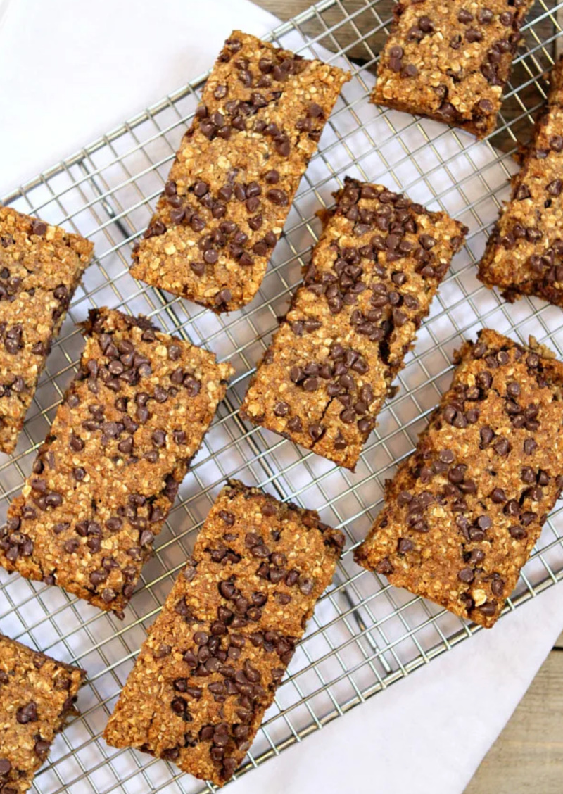 several chocolate chip granola bars on baking rack