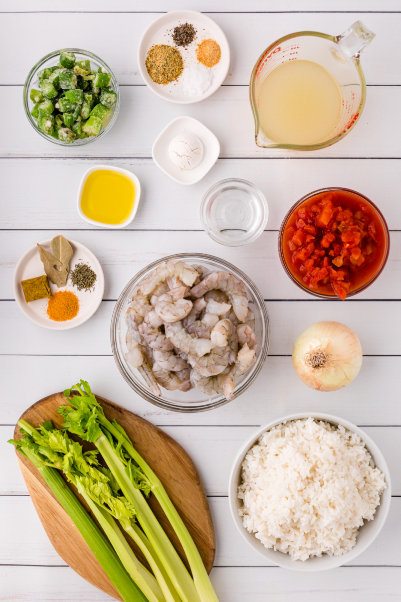 ingredients displayed for making easy shrimp gumbo