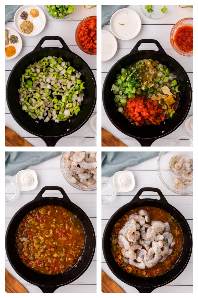 four photos showing how to make shrimp gumbo