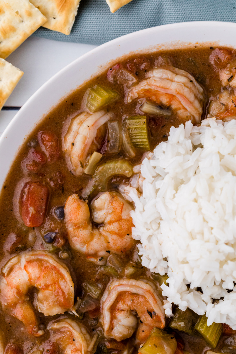 easy shrimp gumbo in a bowl with rice