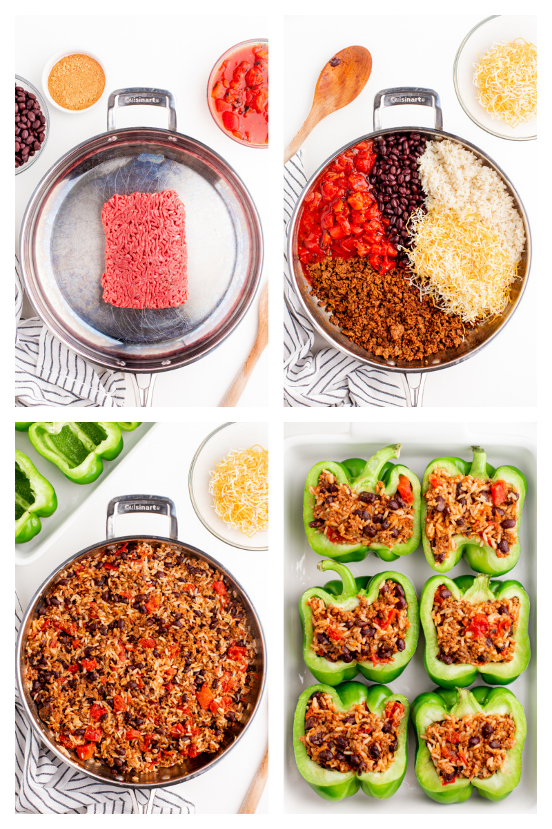 four photos showing how to make taco stuffed peppers