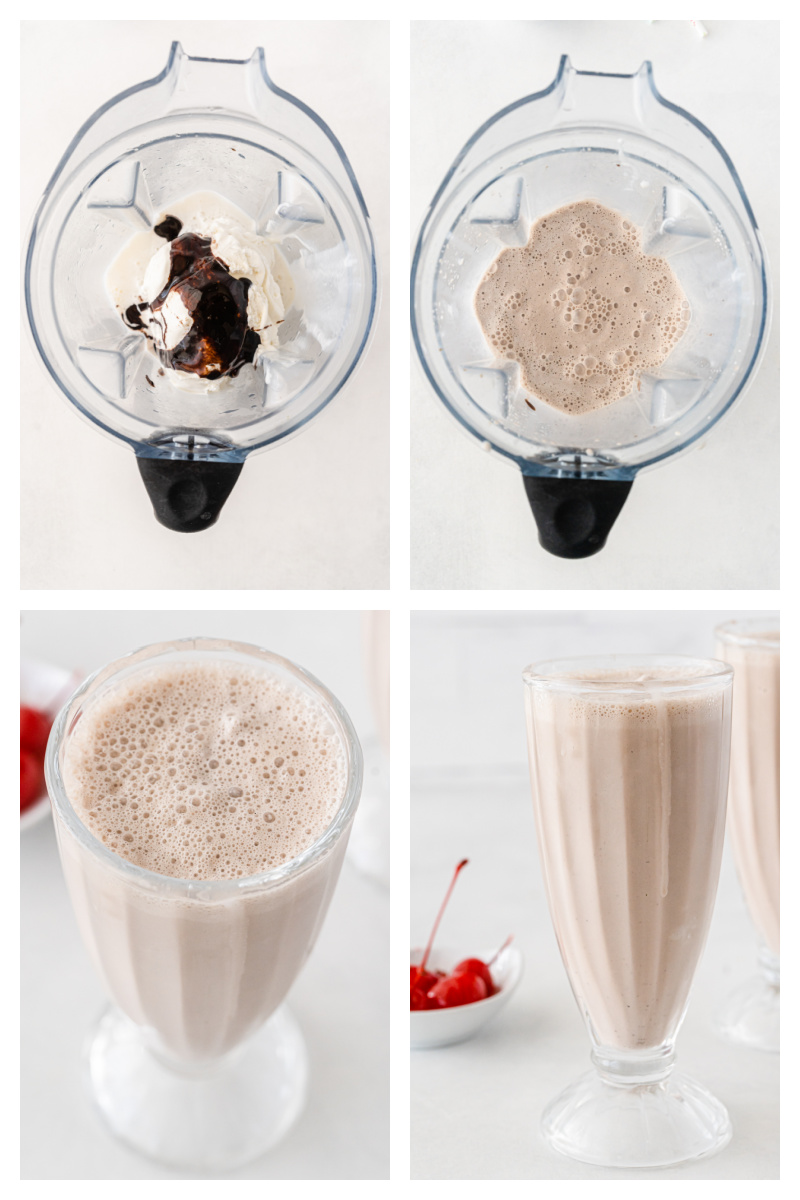 four photos showing how to make chocolate milkshake