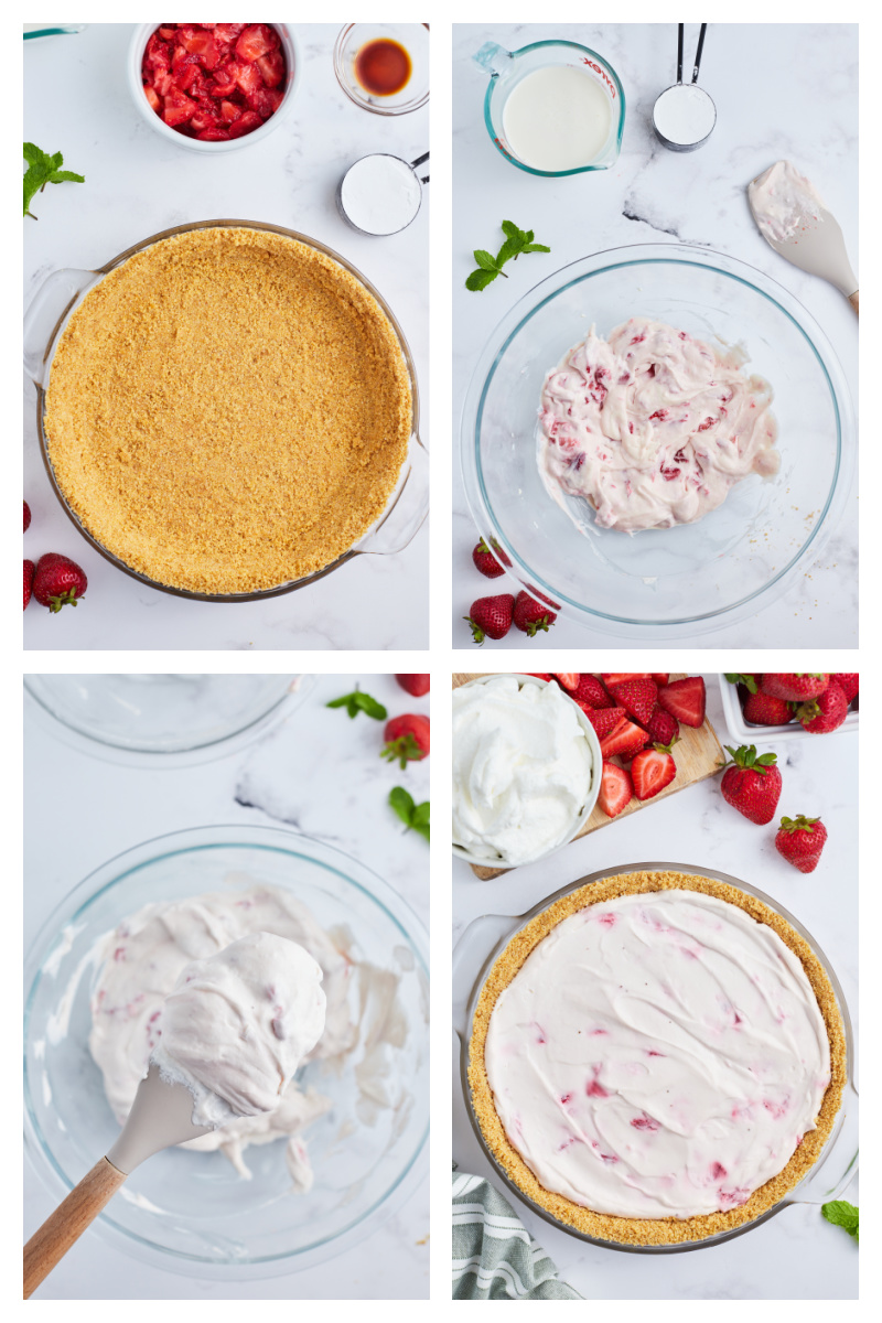 four photos showing assembly of strawberry cream pie