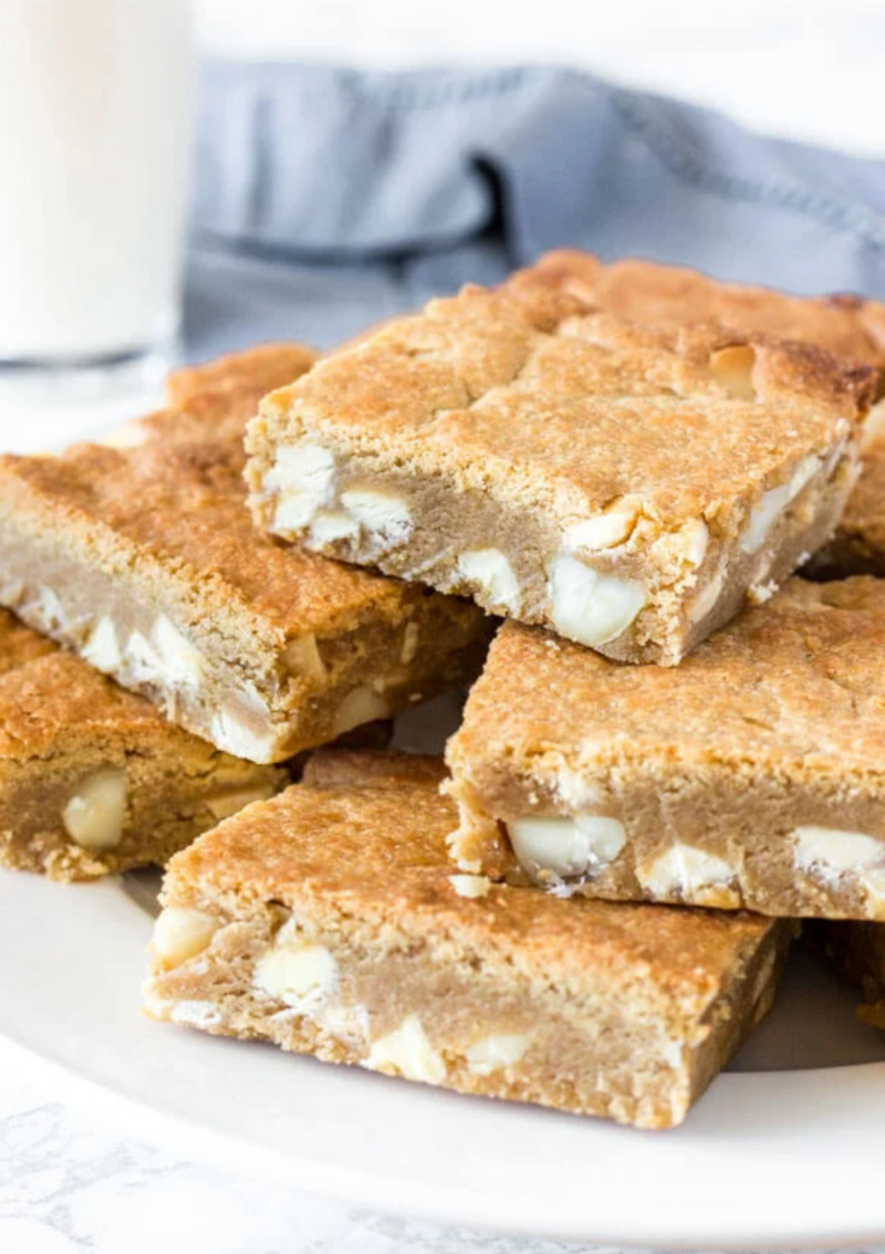 stack of white chocolate macadamia blondies