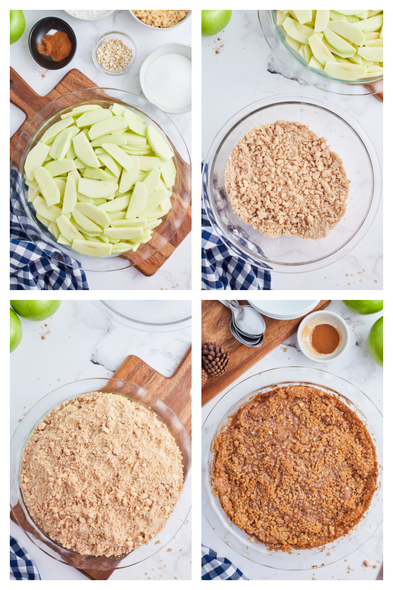 four photos showing how to make apple betty
