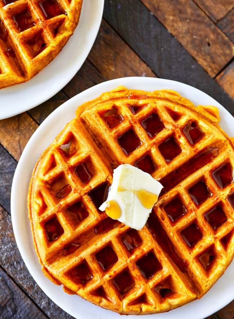 pumpkin waffle with butter and syrup