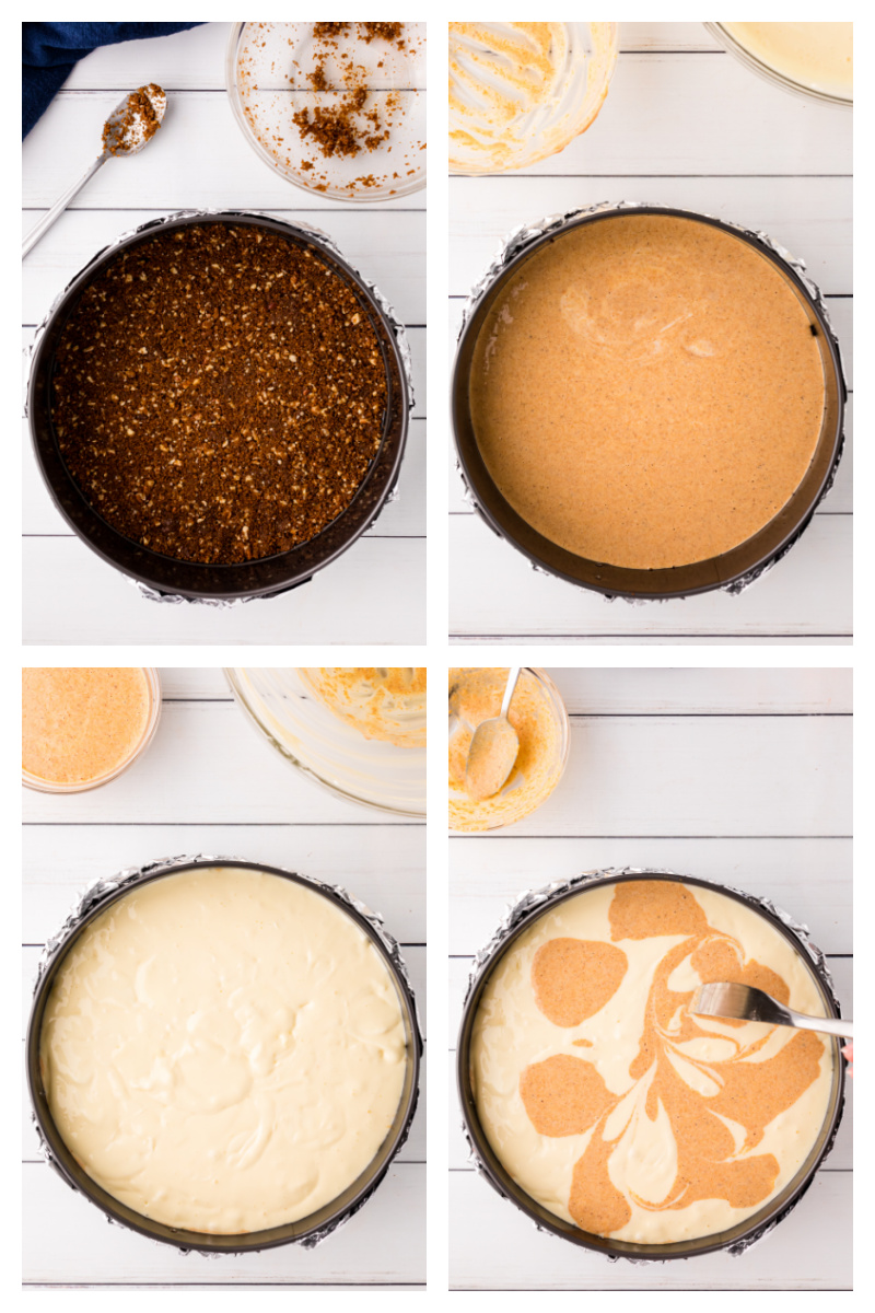 four photos showing how to make layered pumpkin cheesecake
