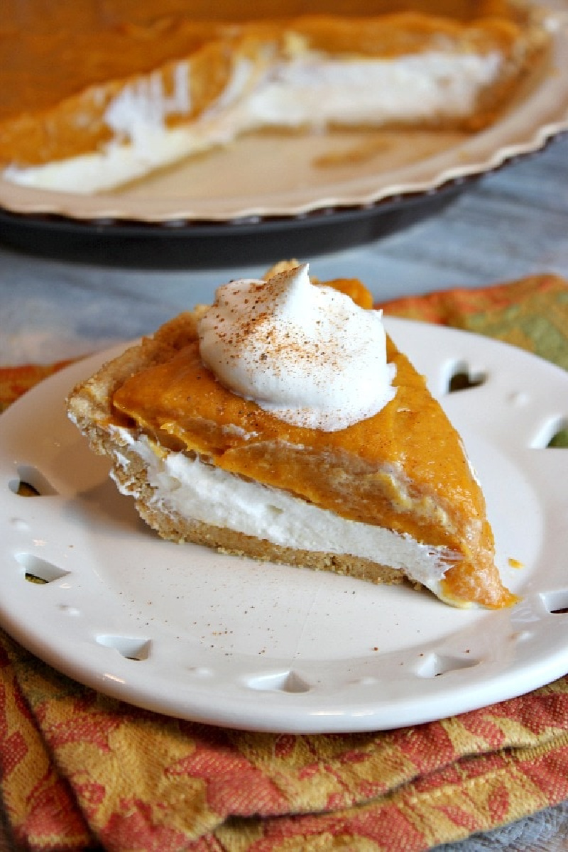 slice of no bake double layer pumpkin pie on white plate