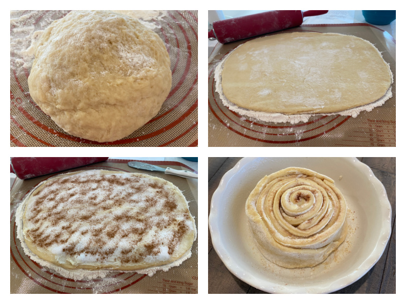 four photos showing how to make cinnamon roll