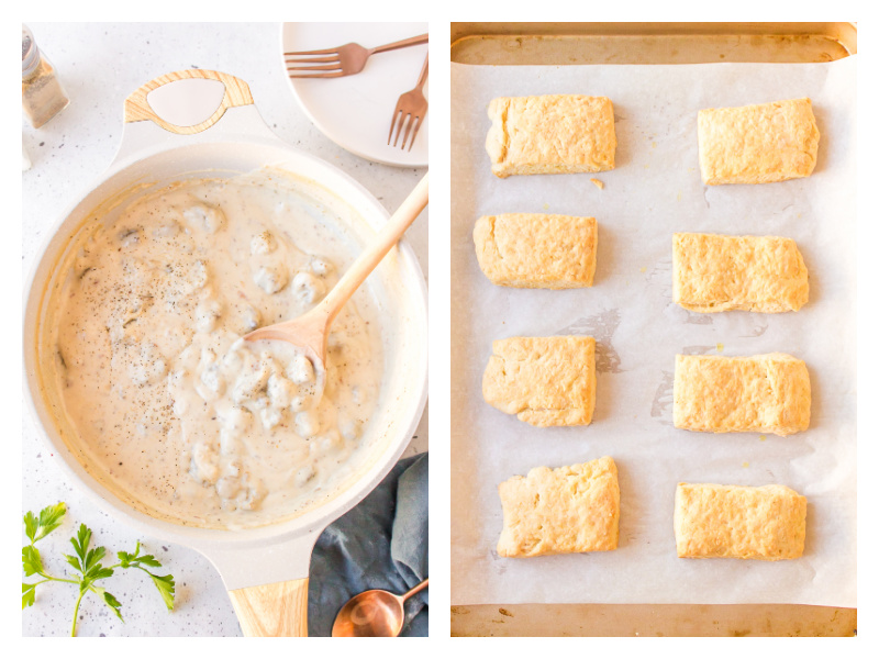 two photos showing pan of gravy and biscuits on a baking sheet