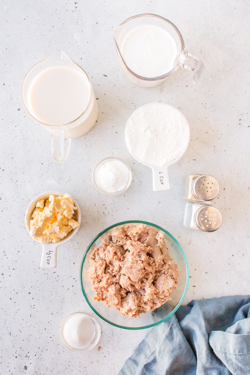 ingredients displayed for making biscuits and gravy