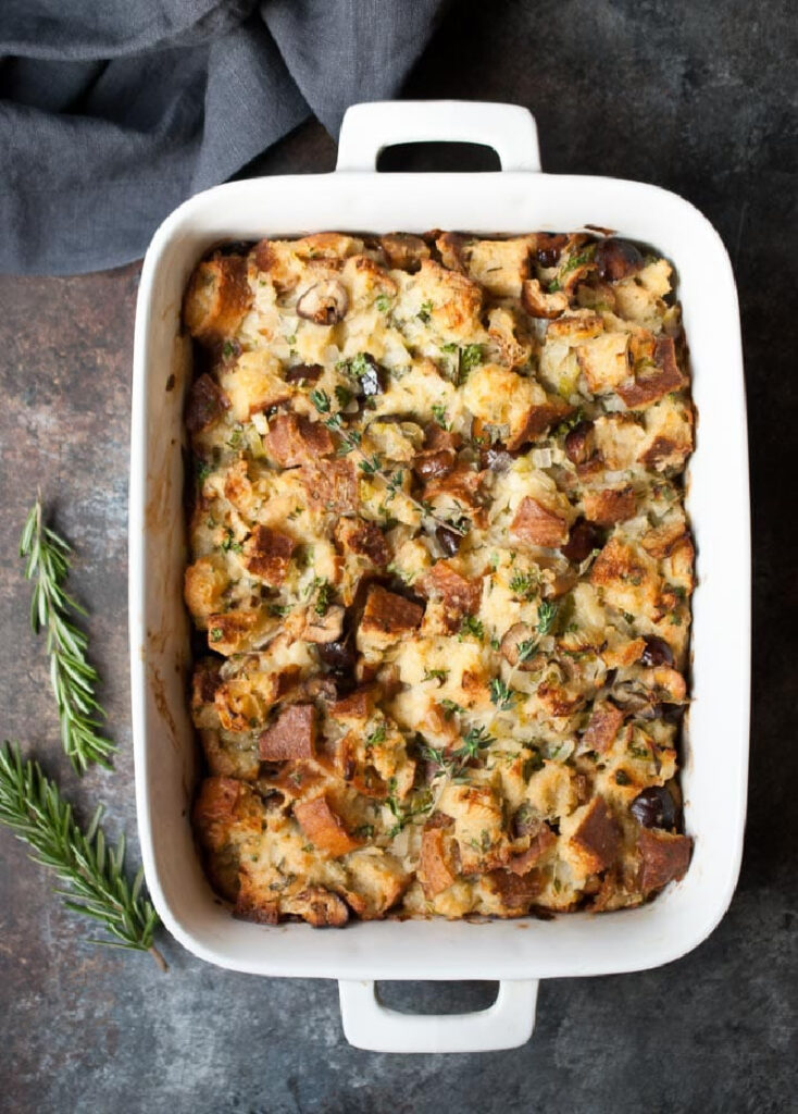 stuffing in a white casserole dish