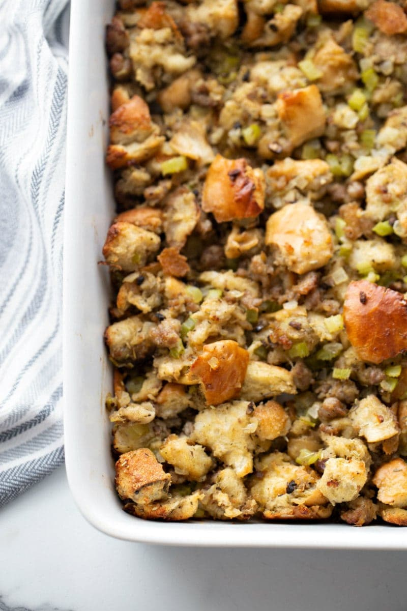 stuffing in a white dish