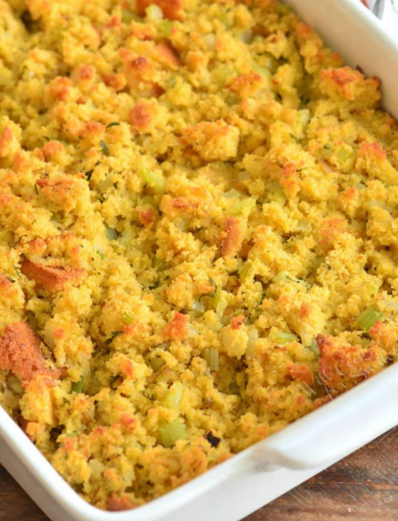 cornbread dressing in a white dish