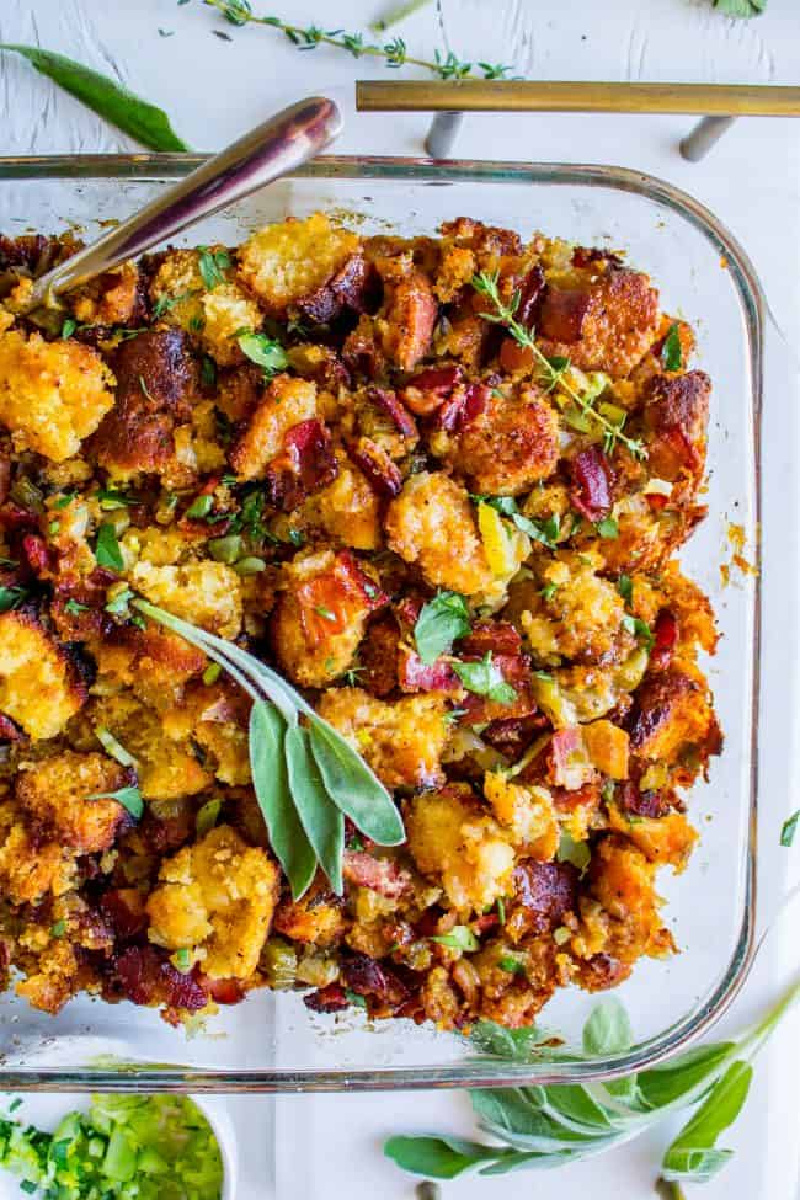 stuffing in a casserole dish