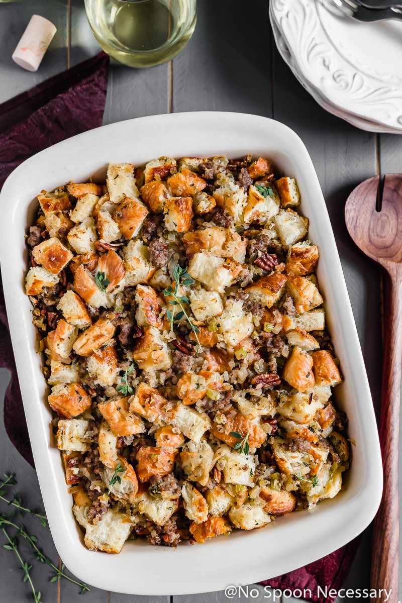 white casserole dish of stuffing