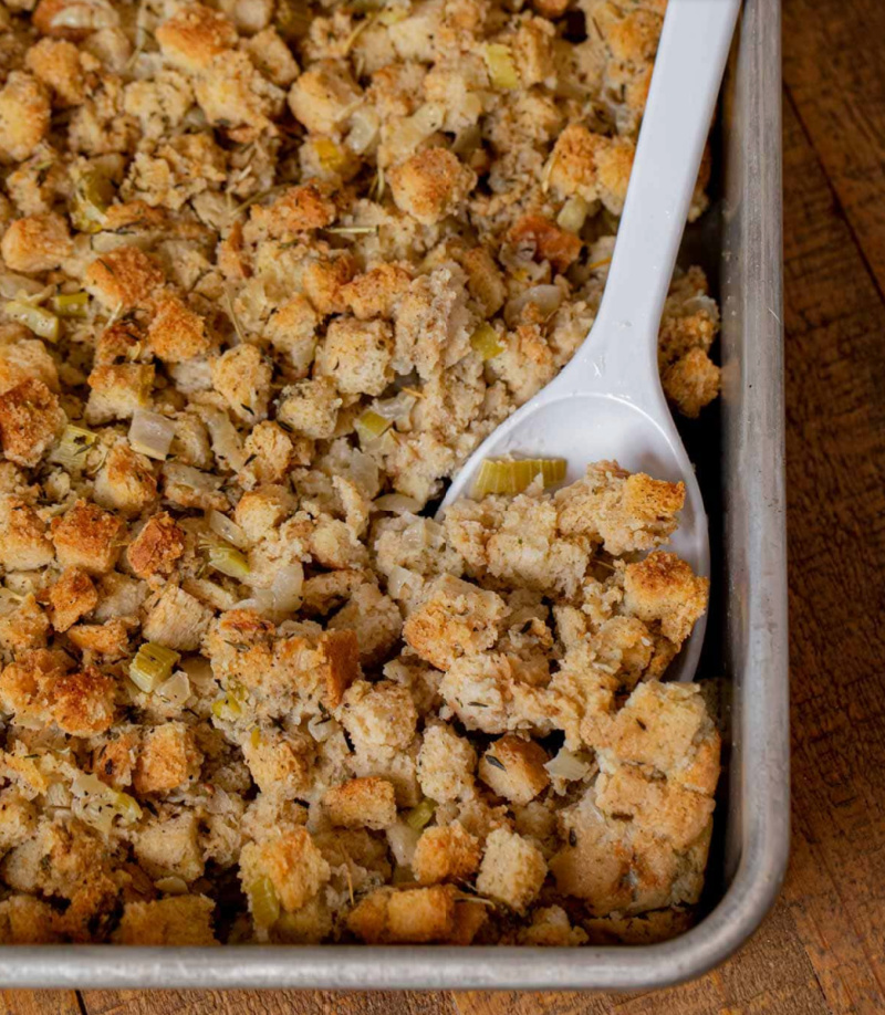 casserole dish of stuffing